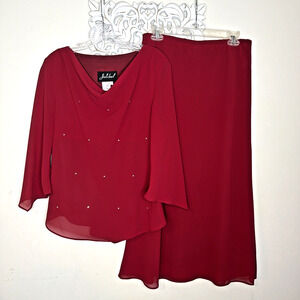 JOLIBEL Women's size 10 2-Piece Set 3/4 Sleeve Rhinestone Top & Long Skirt RED
